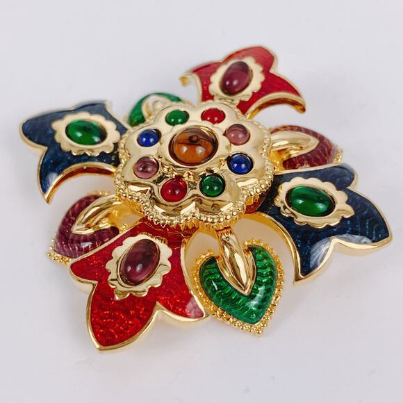 VTG Signed Joan Rivers Byzantine Fleur De Lis Colorful Enamel Brooch Collectible - Picture 4 of 10
